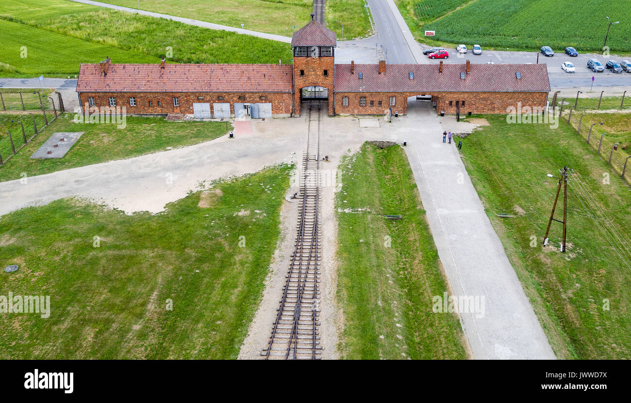 The gate of the former concentration camp Auschwitz-Birkenau can be seen in Oswiecim, Poland, 26 June 2017 (taken with a drone). paramilitary organization in Nazi SS (Schutzstaffel, lit.