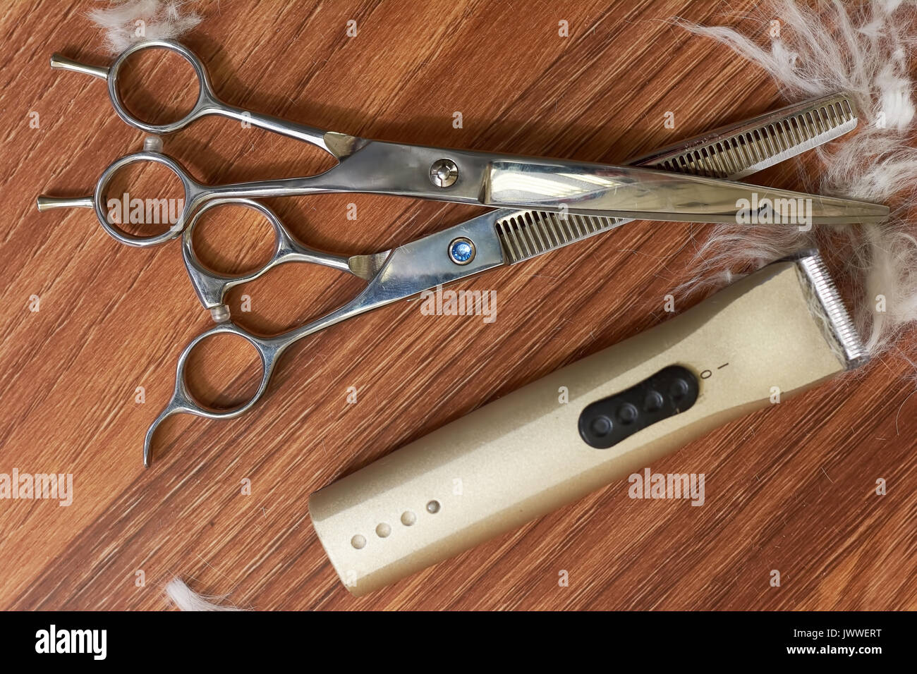 Pet grooming tools, wooden background. Scissors and hair clipper. Pet groomer job outlook. Stock Photo