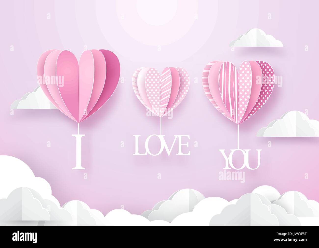 Heart shape balloons hanging with i love you word over sky. Valentines ...