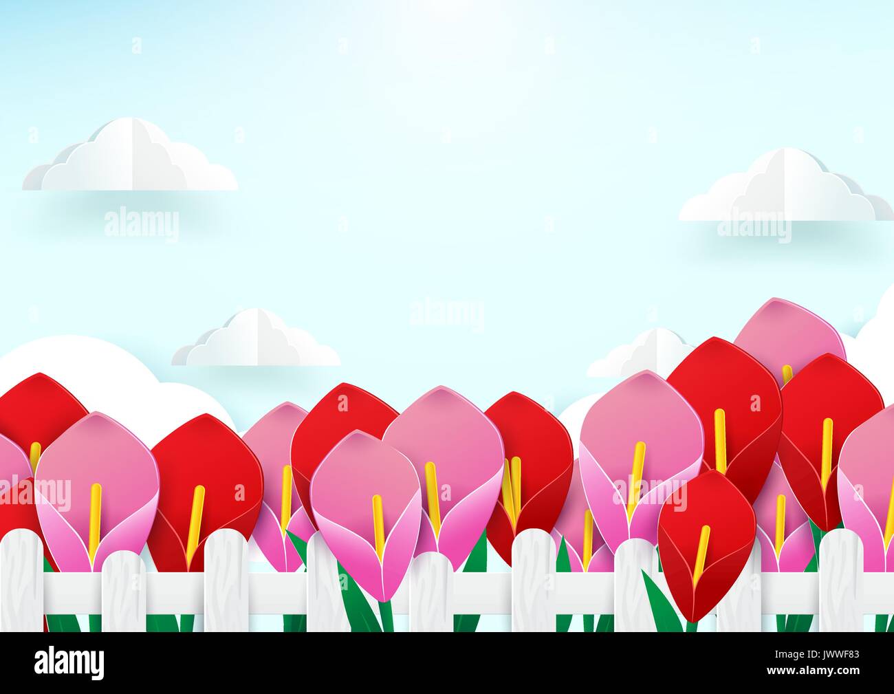 Spring season concept. Wooden Fence and flowers with cloud. paper art style design Stock Vector