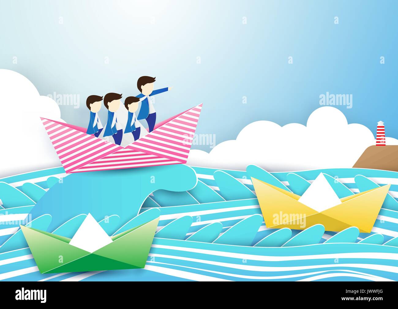Business team work concept. businessman with leader on boat in the waves sea. Paper art and craft style Stock Vector