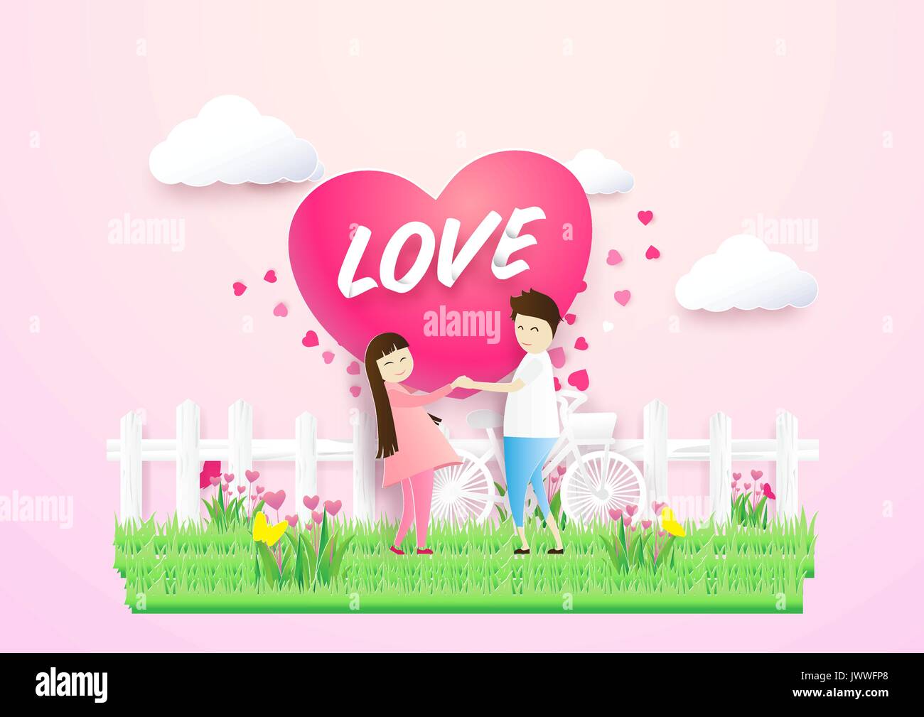 Happy couple in love heart shape in a field with cute flowers. Paper ...
