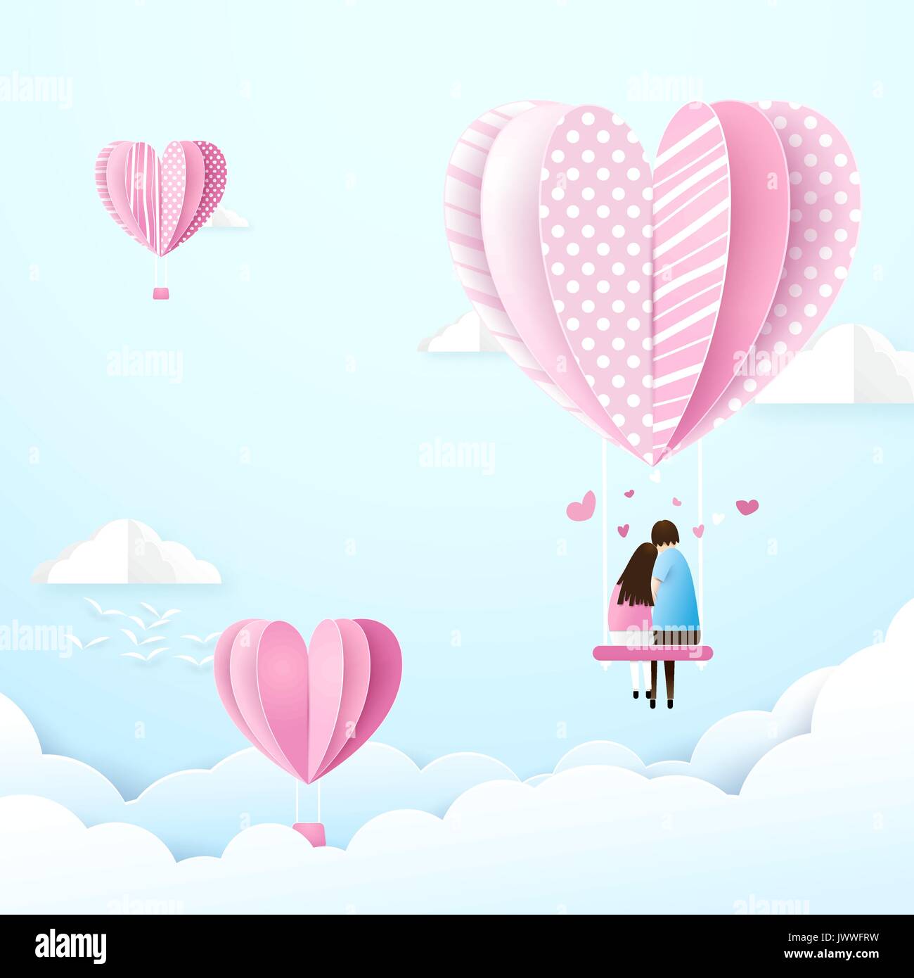 Happy couple in love swings with heart shape balloons in the air. Paper ...