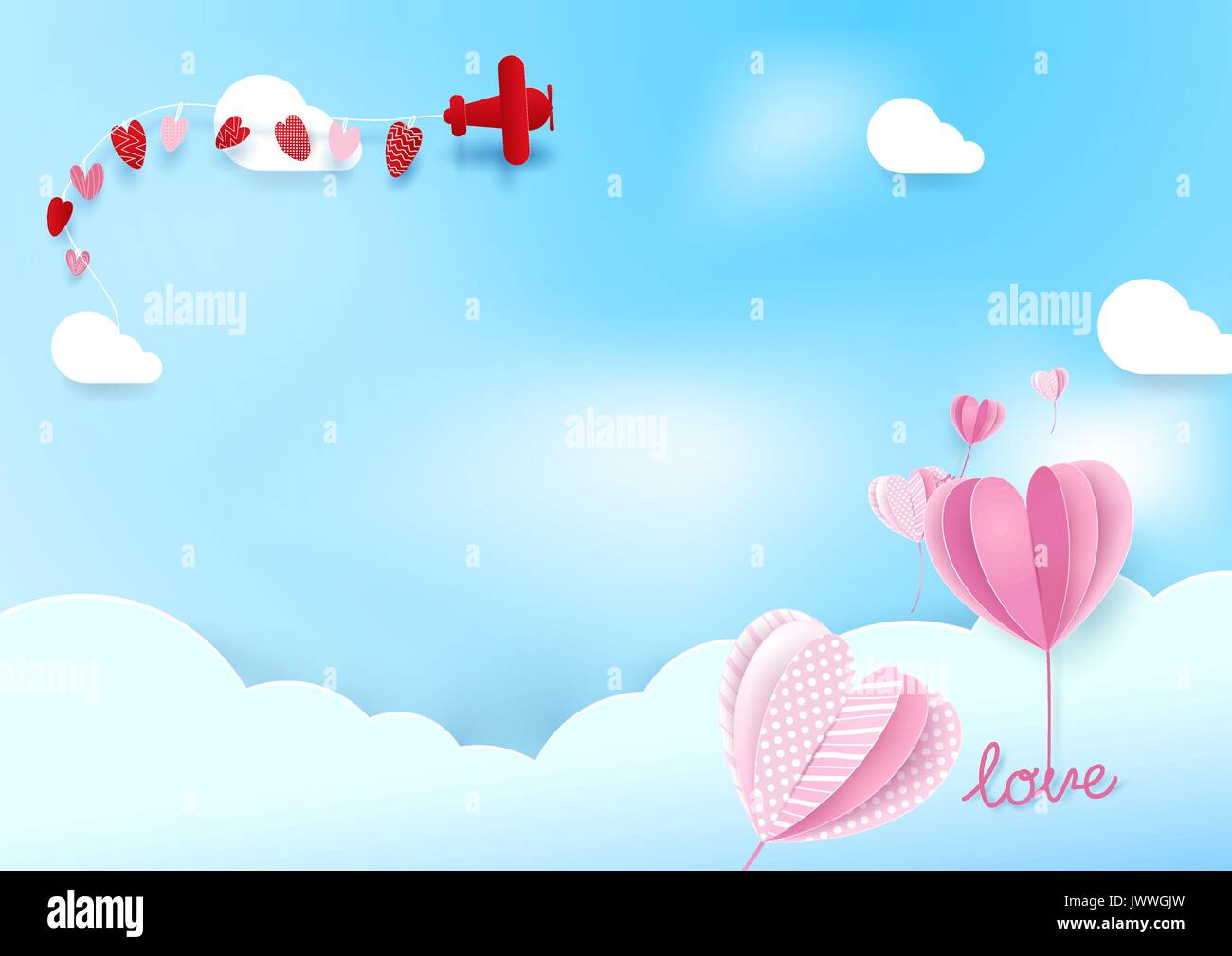 Paper art style Heart shape balloons flying in sky with airplane ...