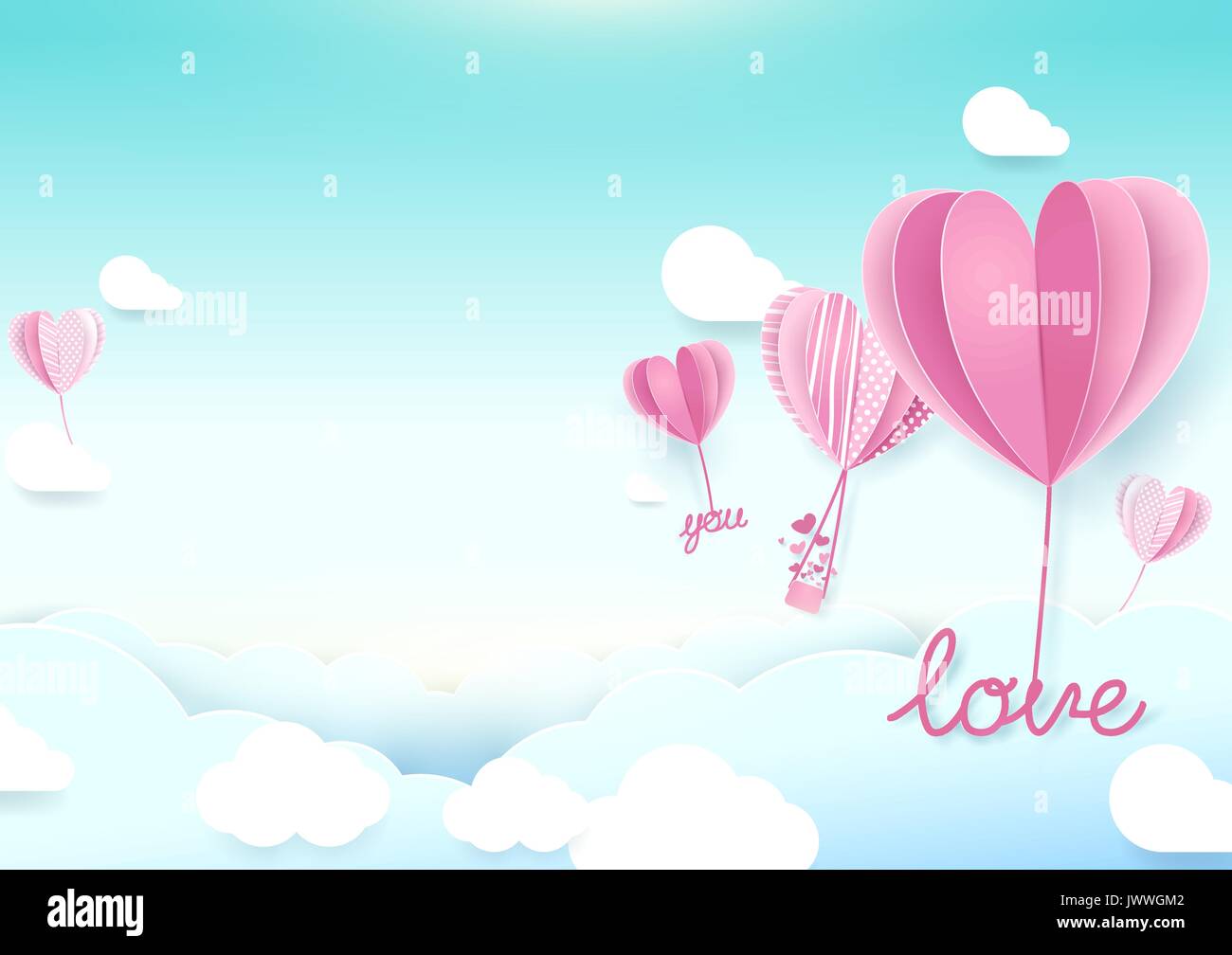 Paper art style Heart shape balloons flying in sky. Valentines day and ...