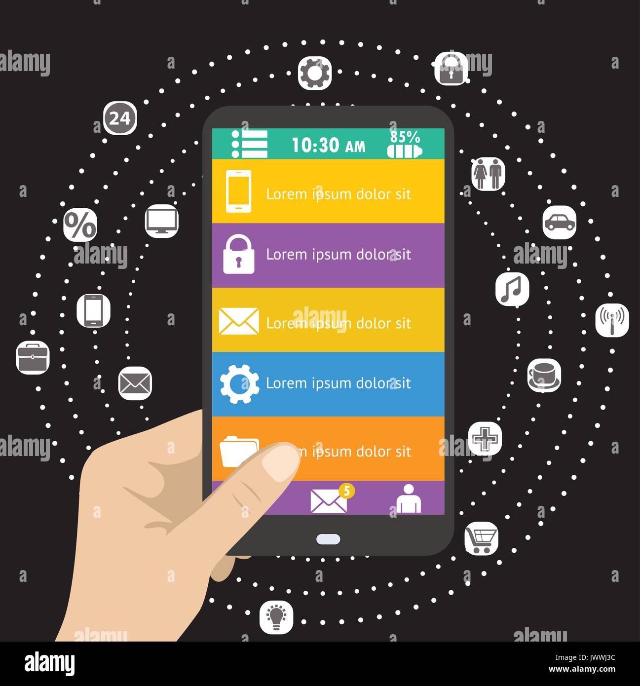Hand holding black smartphone and different icon app, flat design menu ...