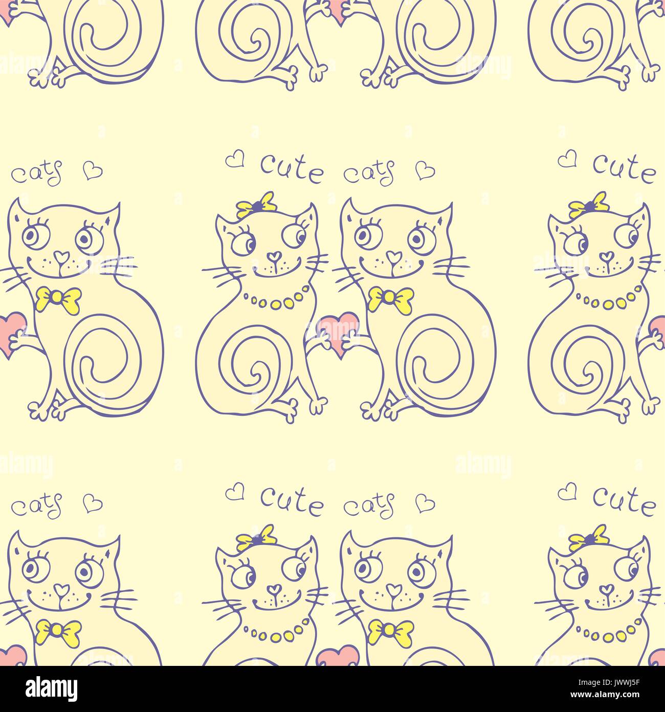 seamless pattern vector background with different cute cats, objects and hearts Stock Vector