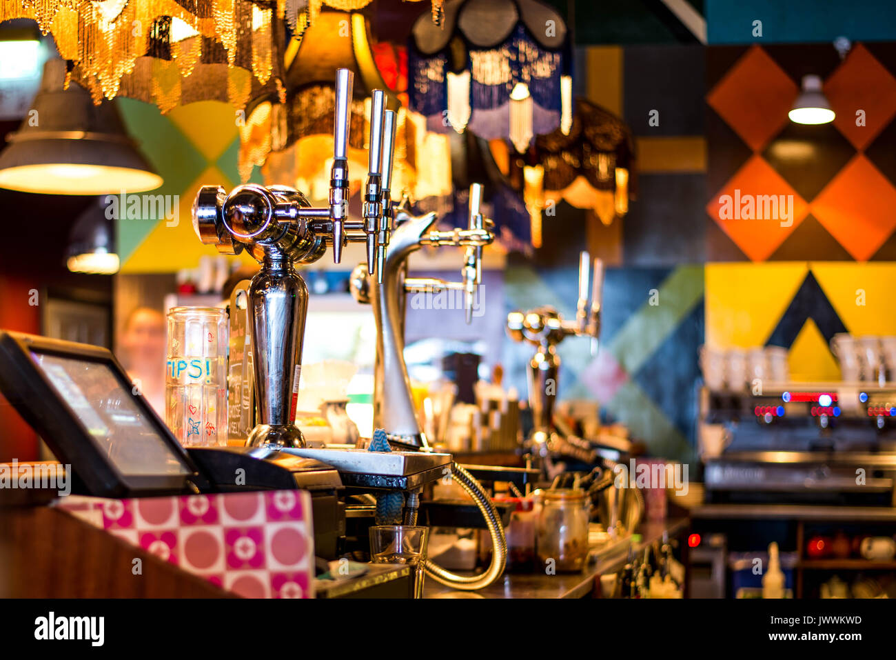 Interior of a Bar Restaurant or Club With Beer Pumps  or Taps and Cash Till Stock Photo