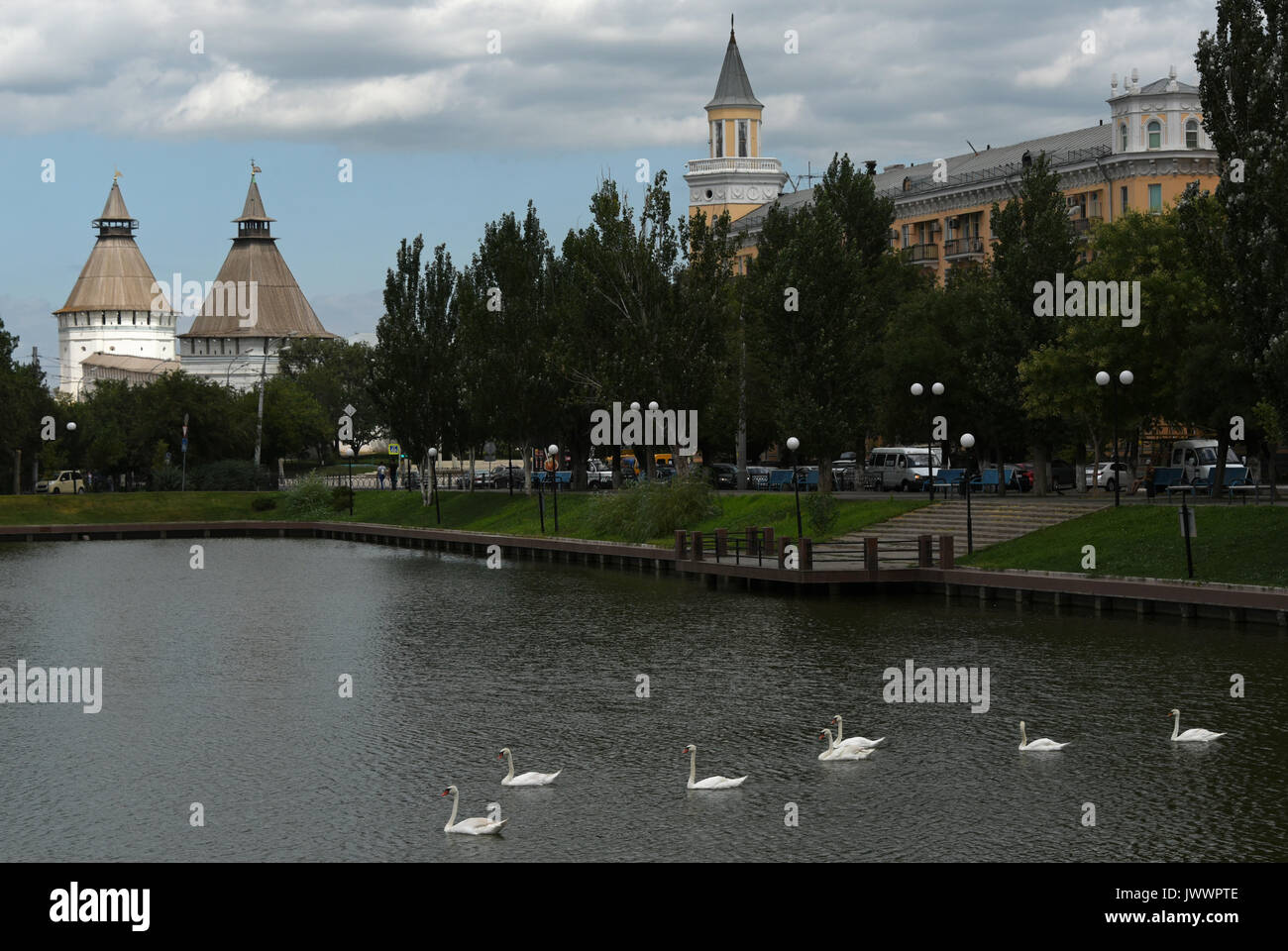 Astrakhan Swan lake, Russia Stock Photo
