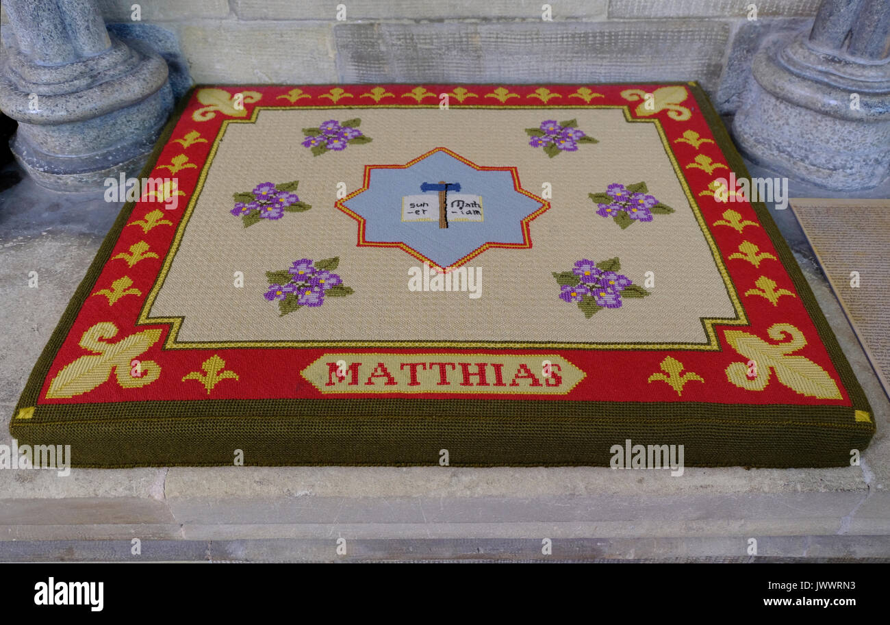 Tapestry woven cushion bearing the name Matthias in Salisbury Cathedral,Wiltshire,UK Stock Photo