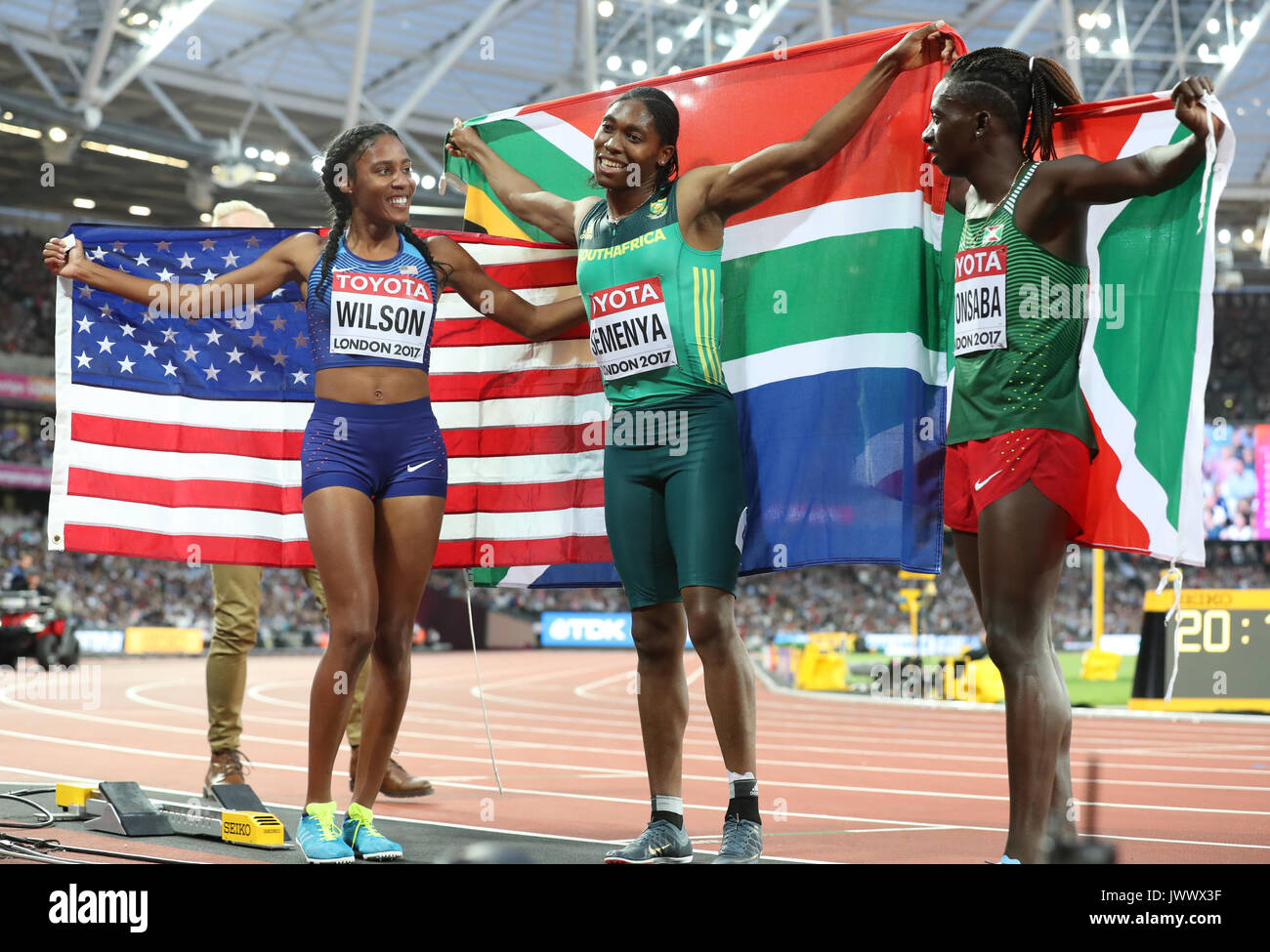 USA's Ajee Wilson, South Africa's Caster Semenya and Burundi's Francine