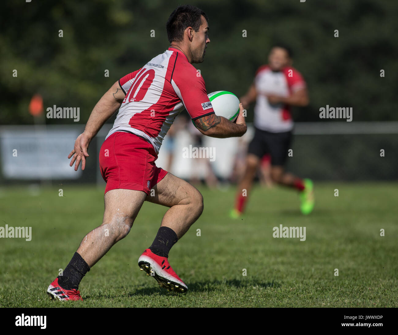 Ruby action with Chico Mighty Oaks vs. Shasta Highlanders at a Sevens Tournament in Mount Shasta, California. Stock Photo