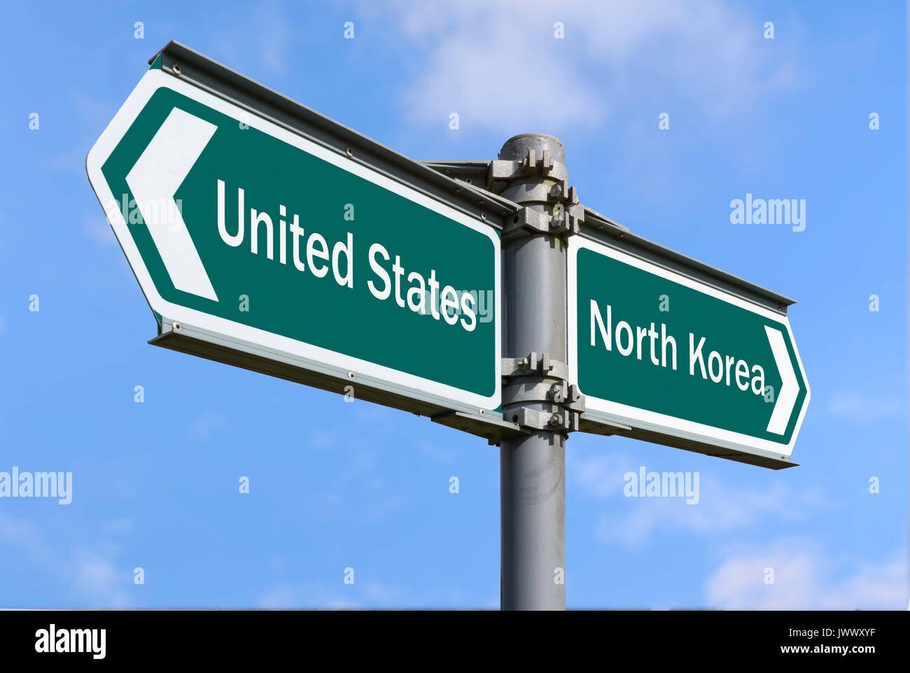 Direction sign point to the USA and North Korea. Stock Photo