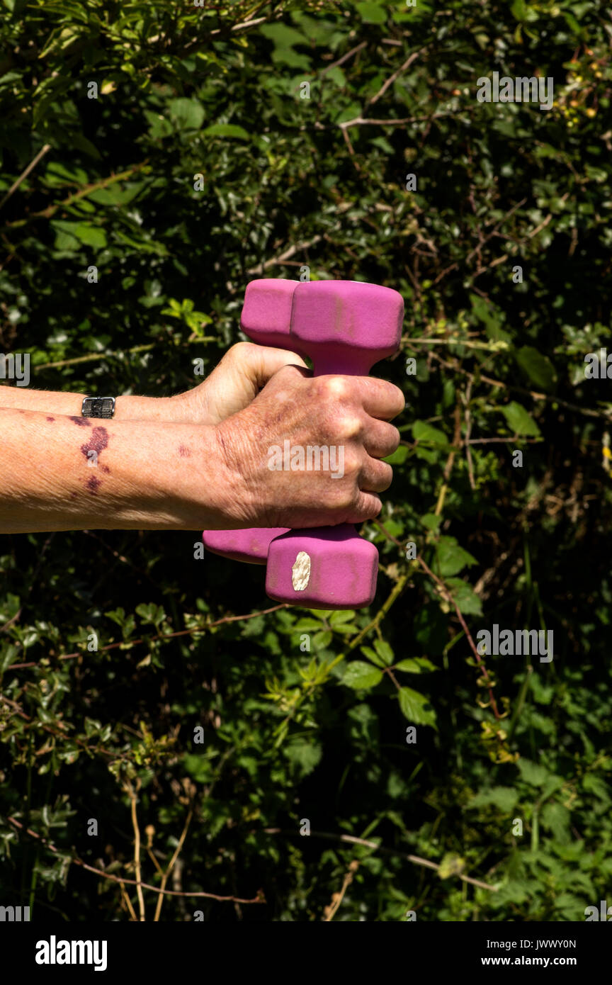 A senior exercising using dumb-bells. Stock Photo