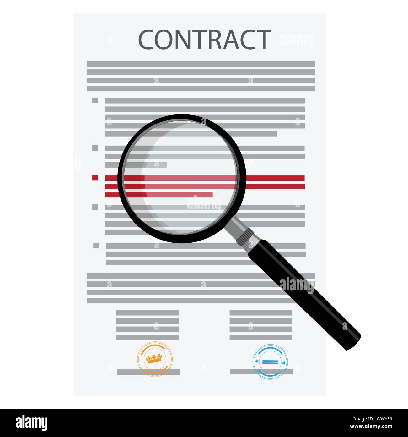 Vector illustration of signed business contract, agreement icon with round stamps and magnifying