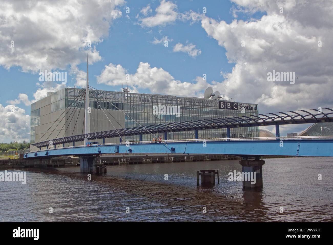 Bells bridge at the BBC Scotland pacific quay on the river Clyde Stock Photo