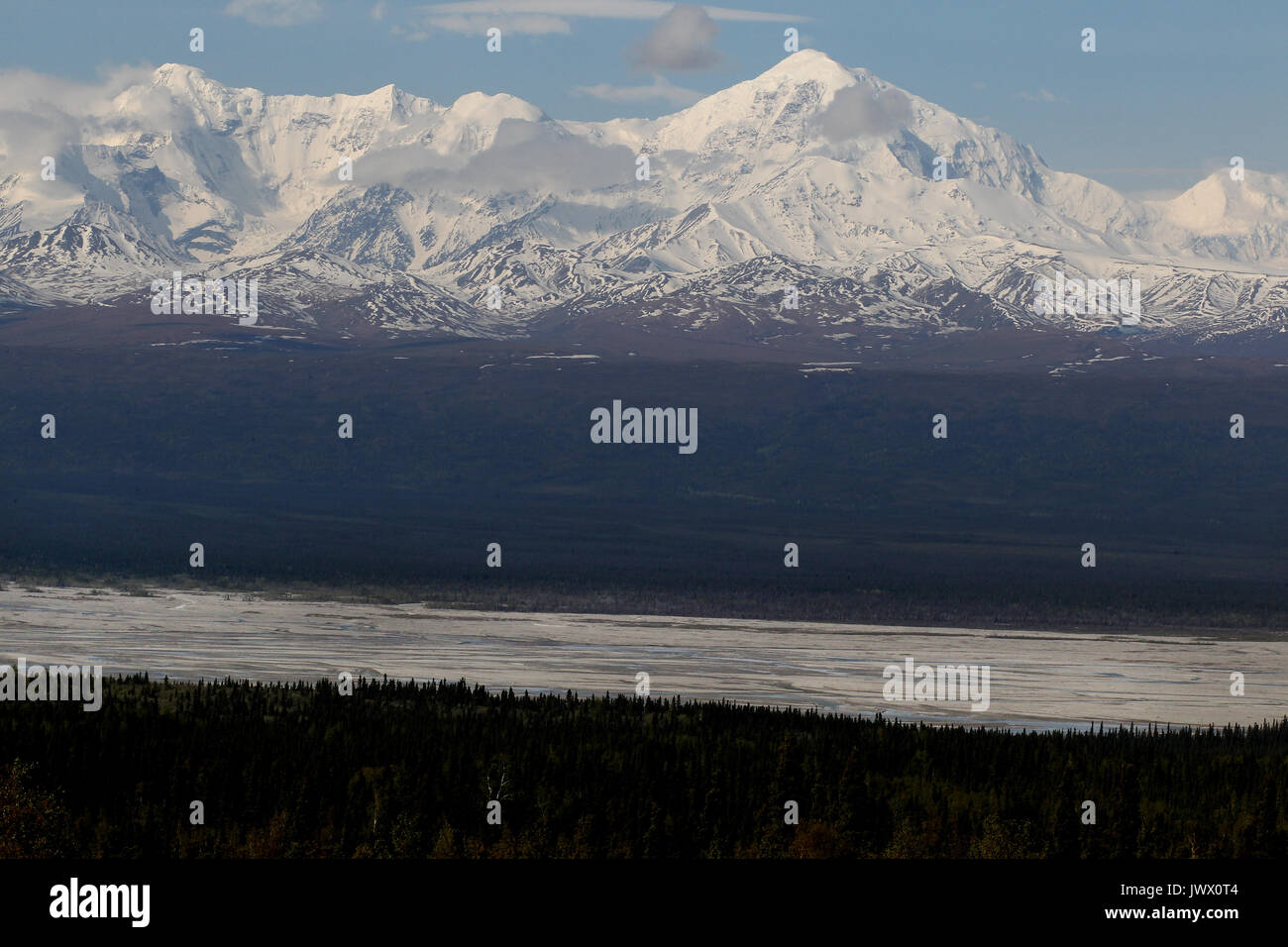 Mountains with snow along the Alaska highway near Delta Junction