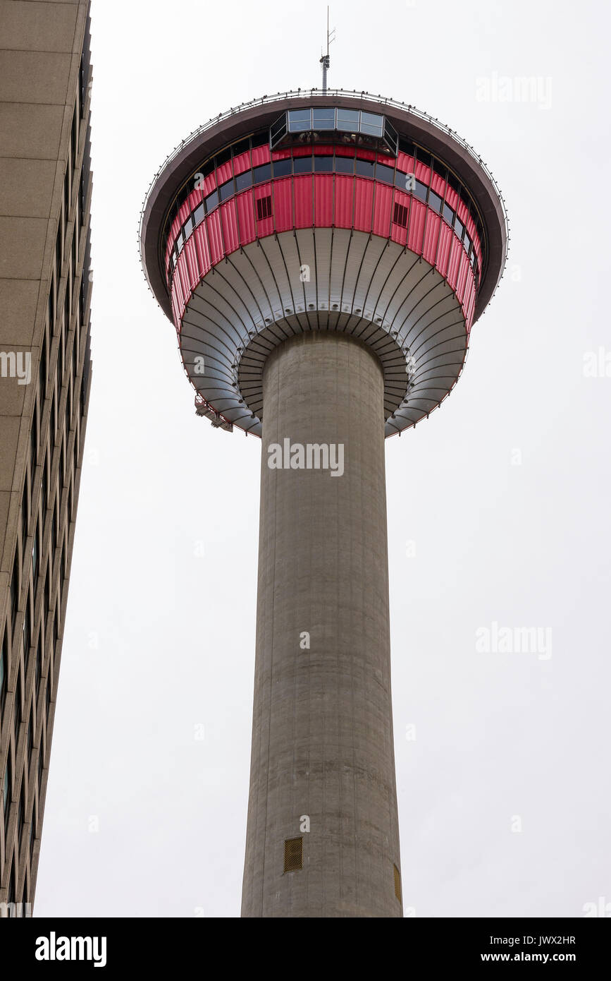 The Amazing Circular Calgary Tower Tourist attraction Revolving Restaurant and Viewing Area in Downtown Calgary Alberta Canada Stock Photo