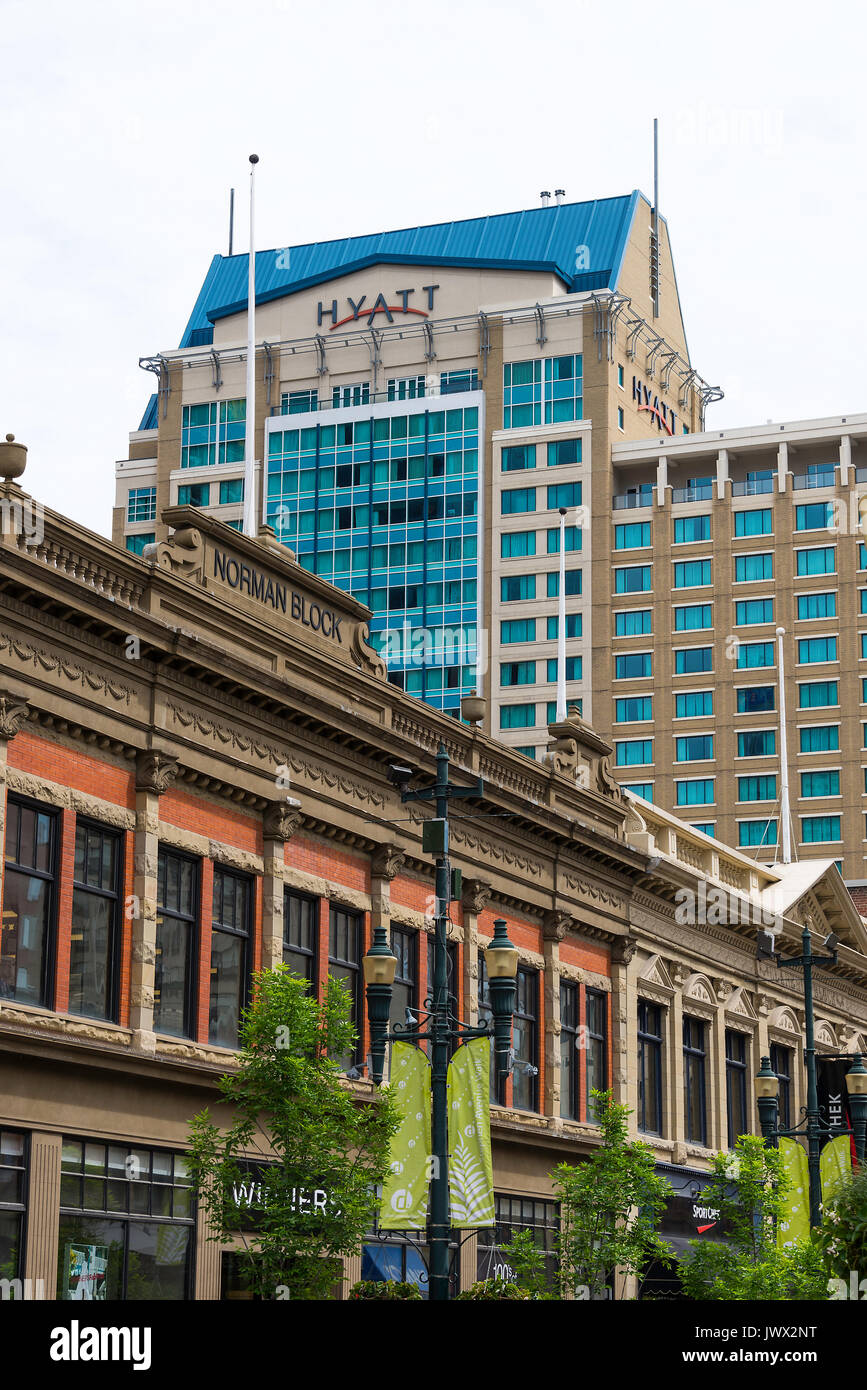 The Hyatt Regency Hotel and Norman Block Building from Stephen Avenue Walk in Downtown Calgary Alberta Canada Stock Photo
