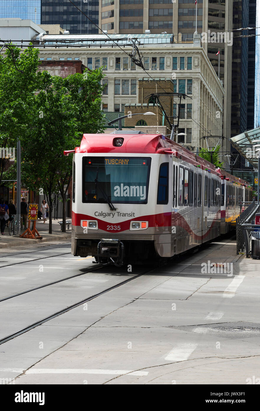 A Passenger Train at a Station on 7 Avenue on The Calgary Transit Light Rail System in Calgary Alberta Canada Stock Photo