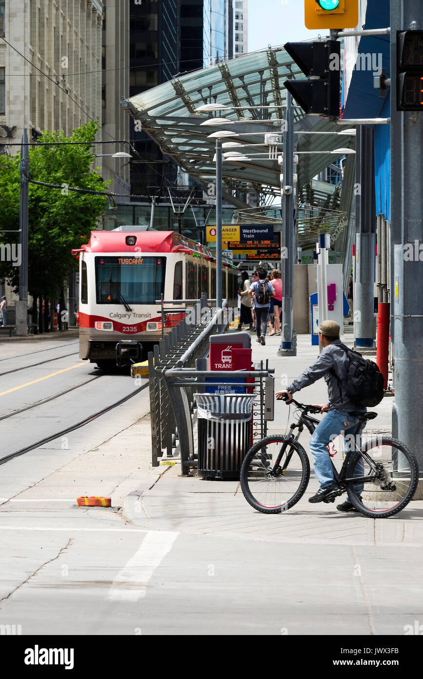 A Passenger Train at a Station on 7 Avenue on The Calgary Transit Light Rail System in Calgary Alberta Canada Stock Photo