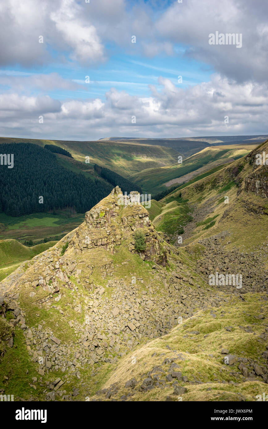 Alport Castles, A dramatic natural feature in the Alport valley, Peak District, Derbyshire, England. Pointed rock formation known as The Tower. Stock Photo