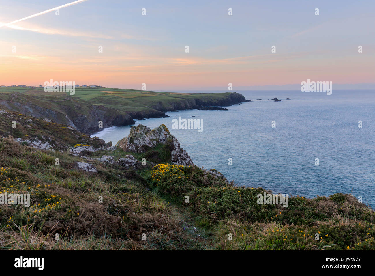 Dawn light over Kynance Cove in Cornwall Stock Photo