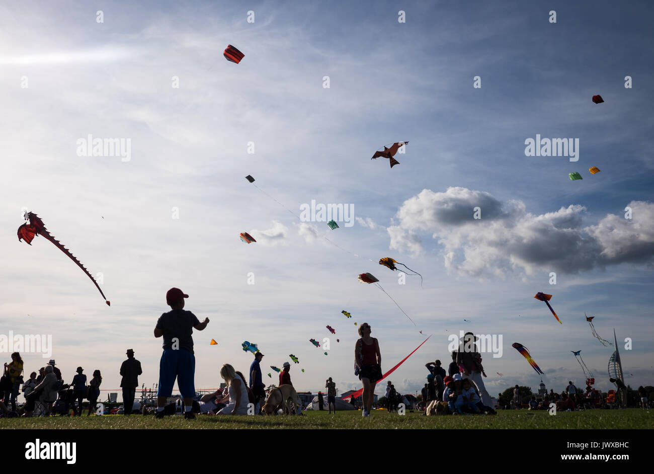 People at the Portsmouth International Kite Festival 2017, on what was the 26th anniversary for the festival held on Southsea Common Stock Photo
