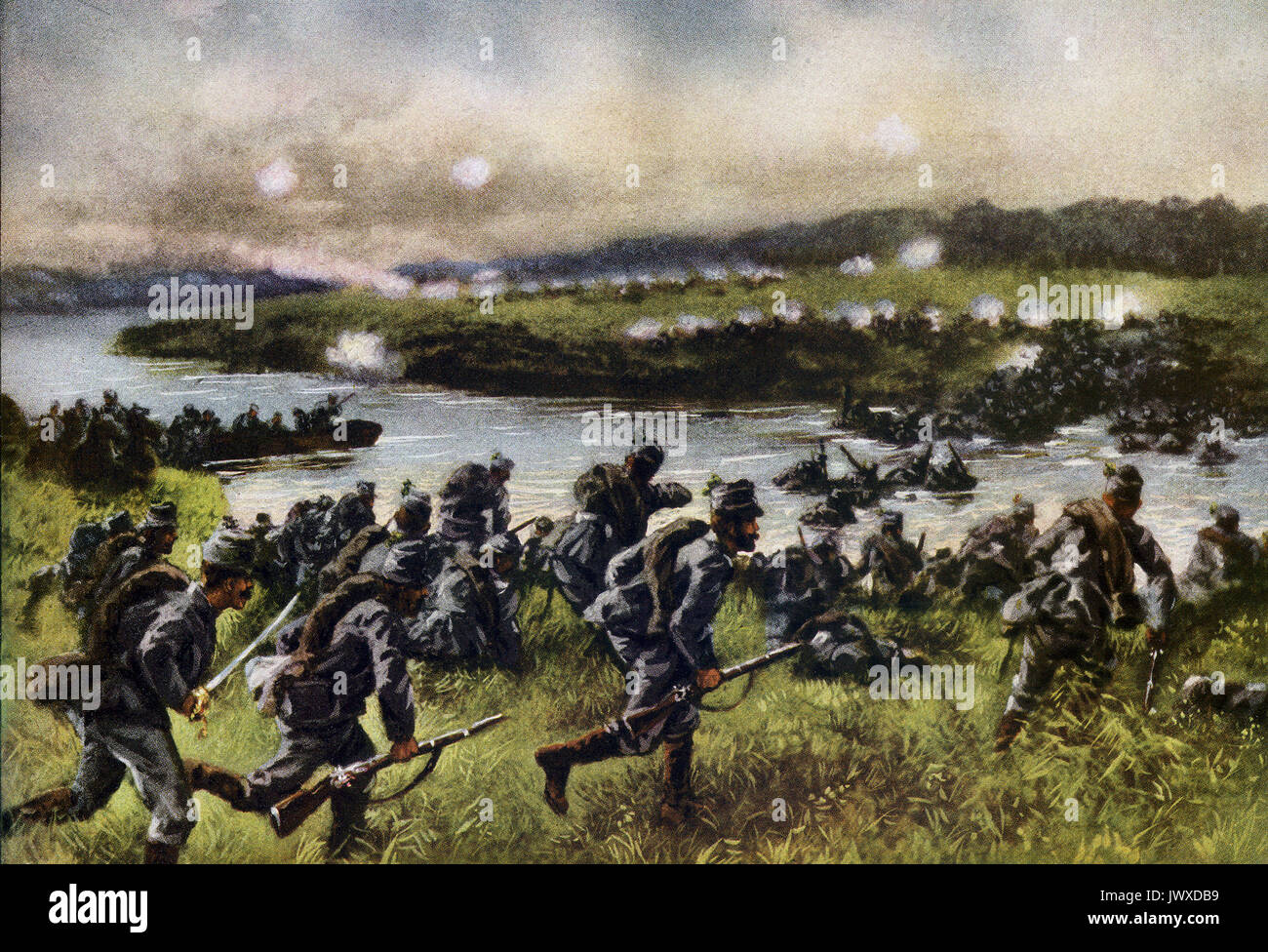 This illustration shows Austrian troops fording a river as the Russian withdraw - all in the early part of World War I. Stock Photo