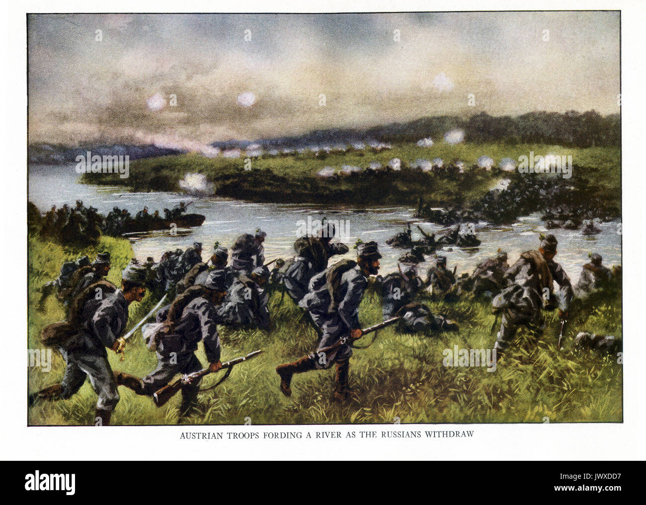 This illustration shows Austrian troops fording a river as the Russian withdraw - all in the early part of World War I. Stock Photo