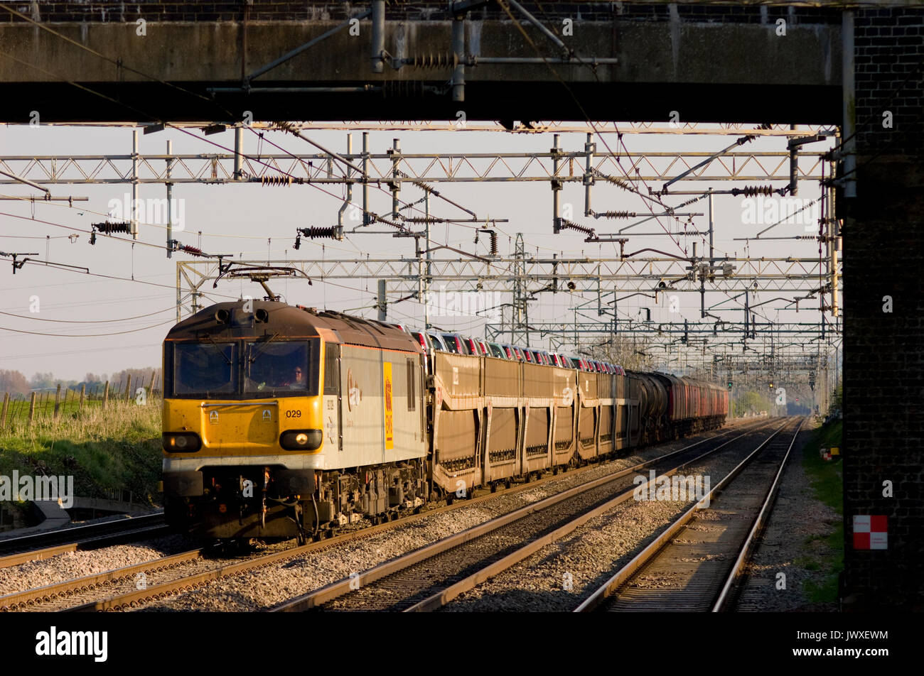 A class 92 electric locomotive working an enterprise freight at Cheddington on the West Coast Main Line. Stock Photo