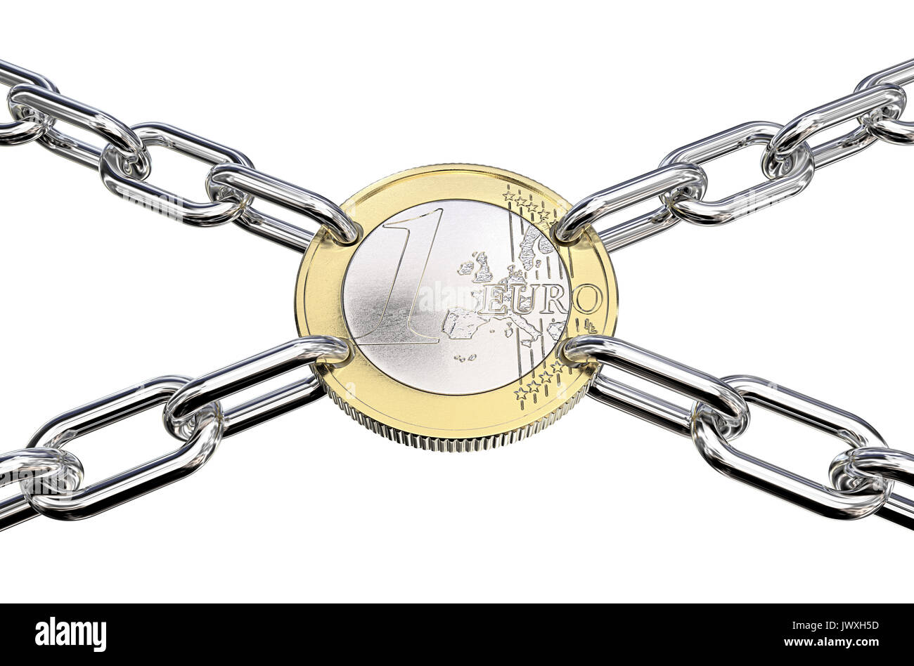 Coin with holes connected with Chain Links in 4 directions.  3d Render. Stock Photo