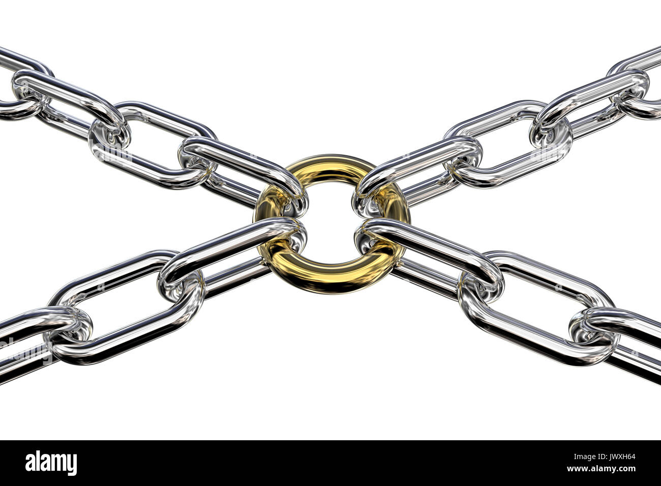 Golden ring connecting 4 Chain Links.  3d Render. Stock Photo