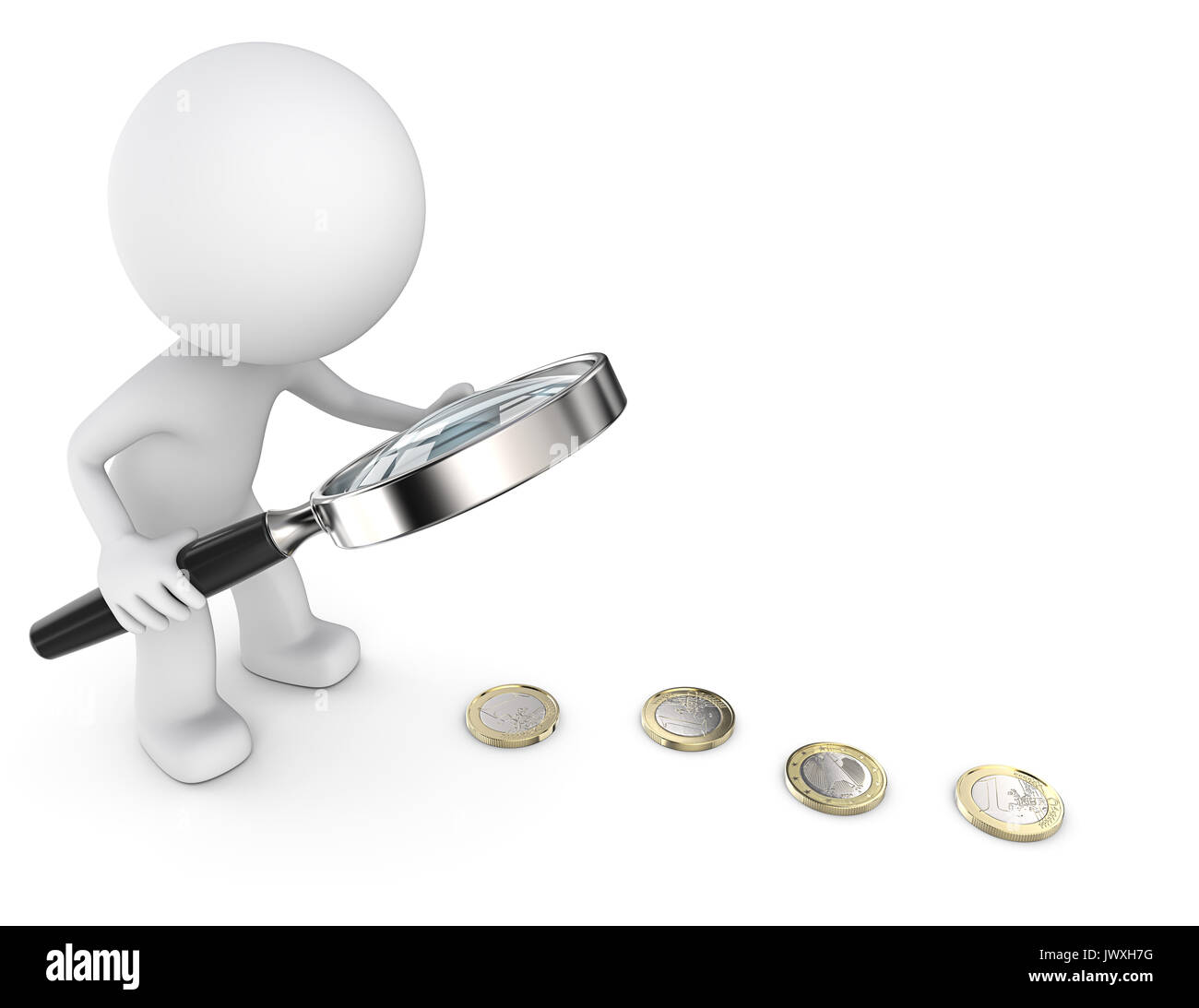Dude 3D character with Magnifying searching for money. 3d Render. Stock Photo