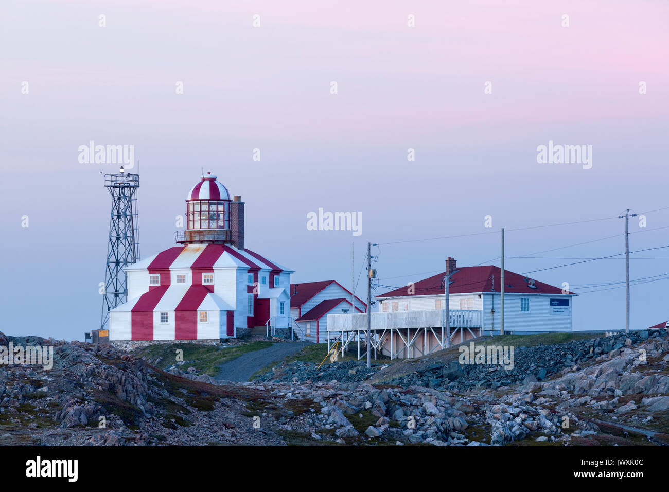 The Cape Bonavista Lighthouse seen here at dusk was in operation from 1842-1962. It is now a museum and is a Provincial Historic Site. Cape Bonavista. Stock Photo