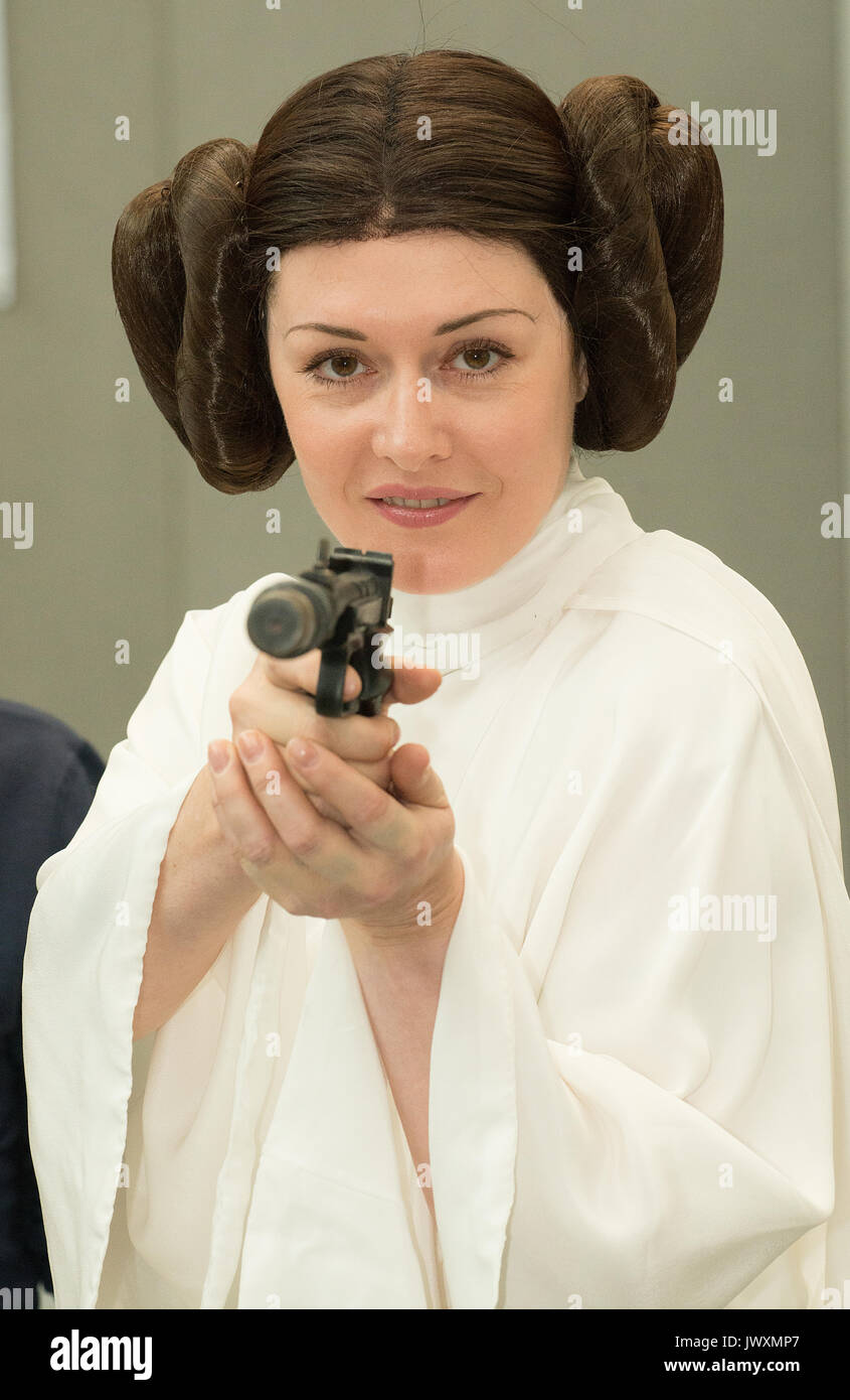 Young woman dressed as Princess Leia from the film Star Wars at the London Film & Comic Con 2017 Stock Photo