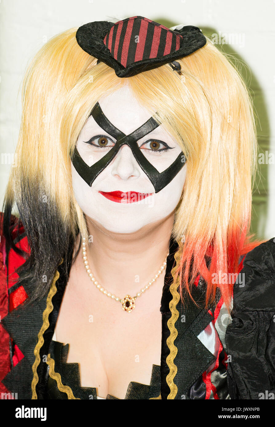 Woman dressed as Harley Quinn from the Batman comics at the London Film & Comic Con 2017 (Press pass/permission obtained from organisers). Stock Photo