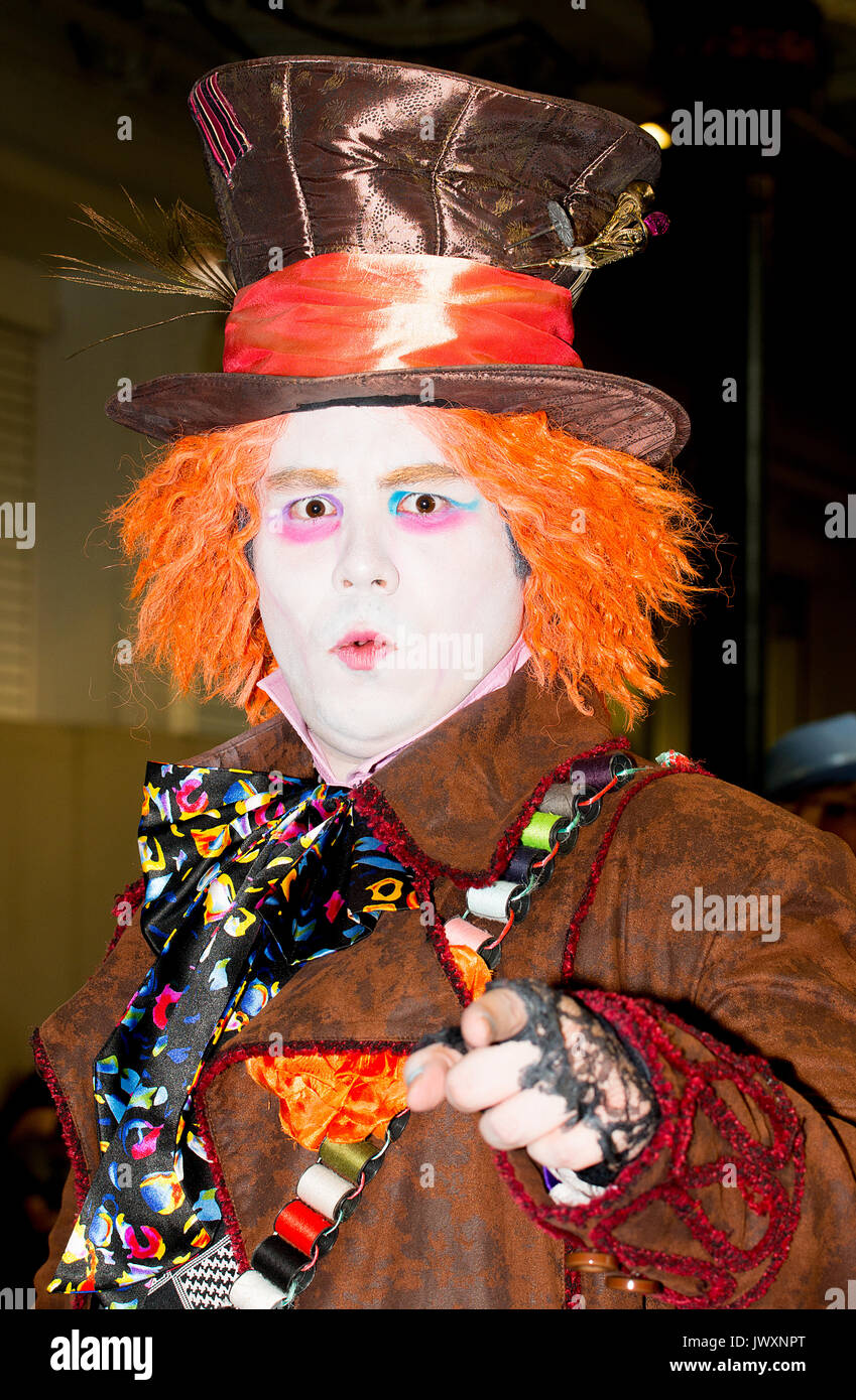Young man dressed as the Mad Hatter from Alice In Wonderland at the London Film & Comic Con 2017 (Press pass/permission obtained from organisers). Stock Photo