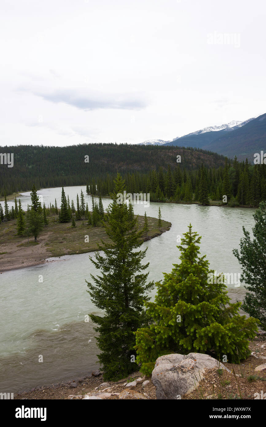 The Beautiful Athabasca River From The Grounds of The Tekarra Lodge Resort near Jasper Alberta Canada Stock Photo