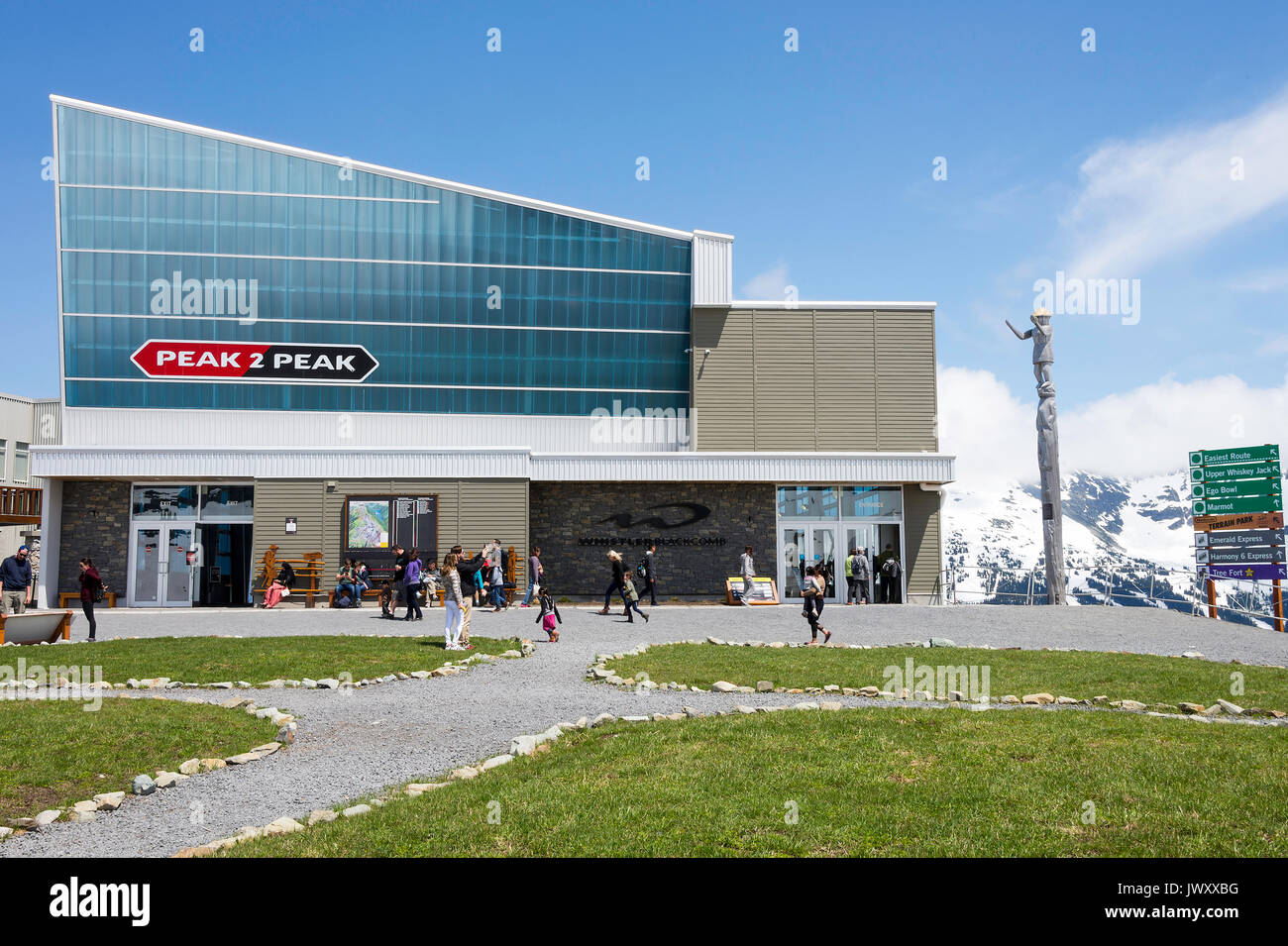 The Glass Exterior of The Entrance to The Peak 2 Peak Whistler Blackcomb Gondola Ride at The Roundhouse Terrace and Viewing Deck Whistler BC Canada Stock Photo