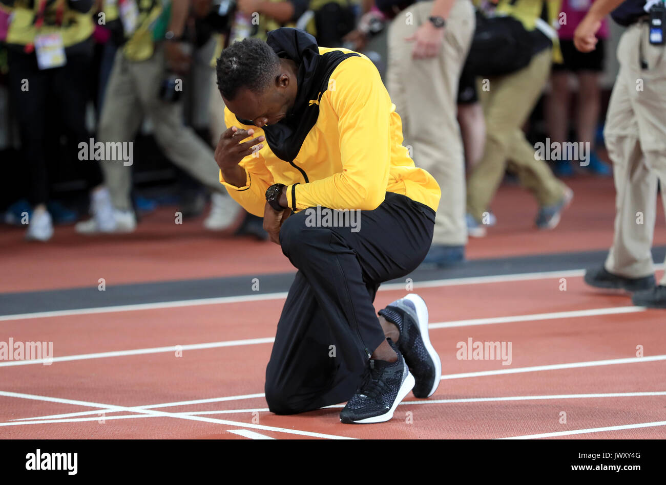 Jamaica's Usain Bolt on his lap of honour during day ten of the 2017 IAAF World Championships at the London Stadium. PRESS ASSOCIATION Photo. Picture date: Sunday August 13, 2017. See PA story ATHLETICS World. Photo credit should read: Adam Davy/PA Wire. Stock Photo