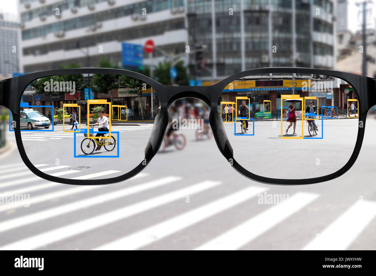 Augmented reality glasses with deep Learning analytics identify person , things technology , artificial intelligence concept.Software analytics and re Stock Photo