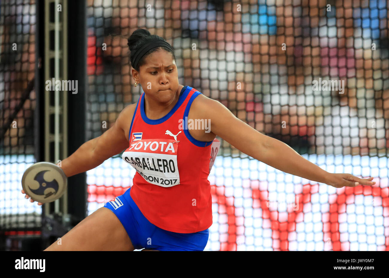 Cuba's Denia Caballero competes in the Women's Discus throw final Stock