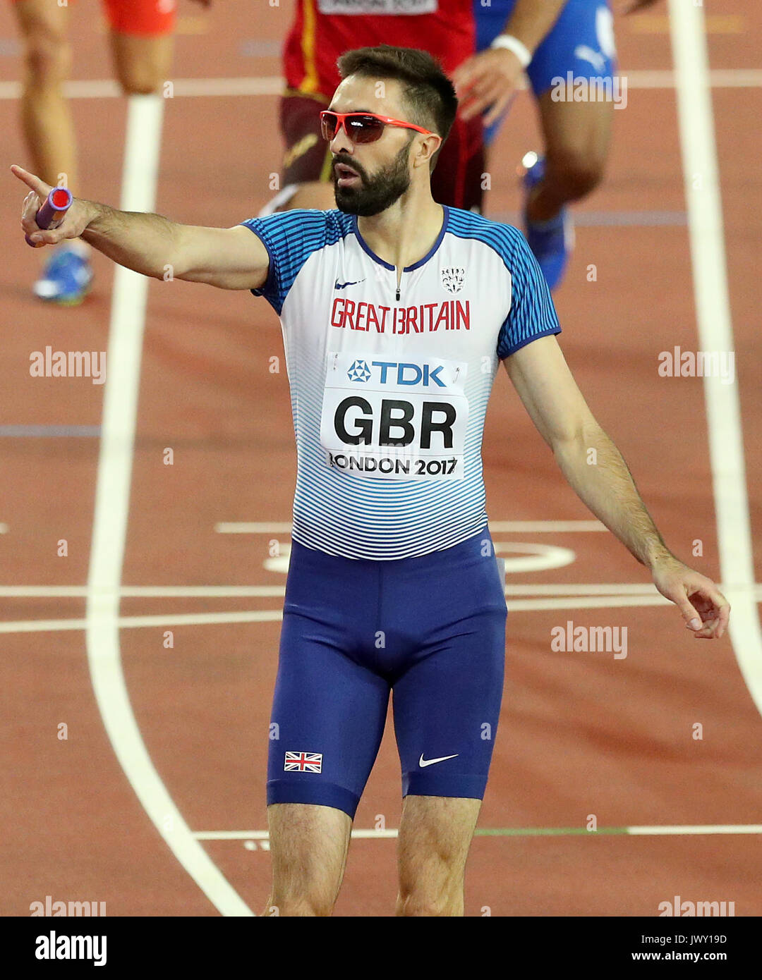 Great Britain's Martyn Rooney celebrates taking bronze in the Men's 4x400m Relay Final during day ten of the 2017 IAAF World Championships at the London Stadium. PRESS ASSOCIATION Photo. Picture date: Sunday August 13, 2017. See PA story ATHLETICS World. Photo credit should read: Jonathan Brady/PA Wire. Stock Photo