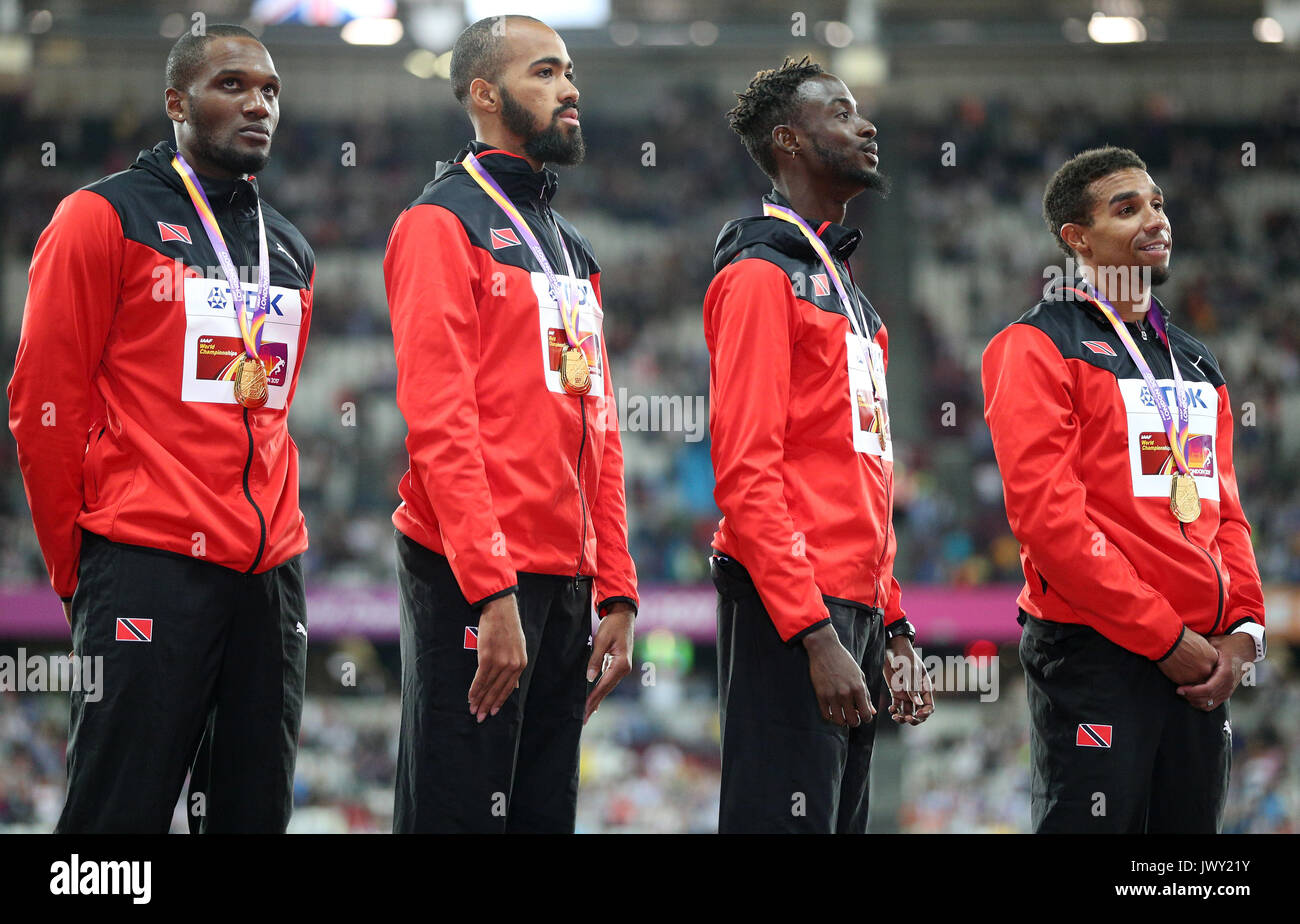 Trinidad and Tobago (gold) on the podium for the Men's 4x400m Relay ...