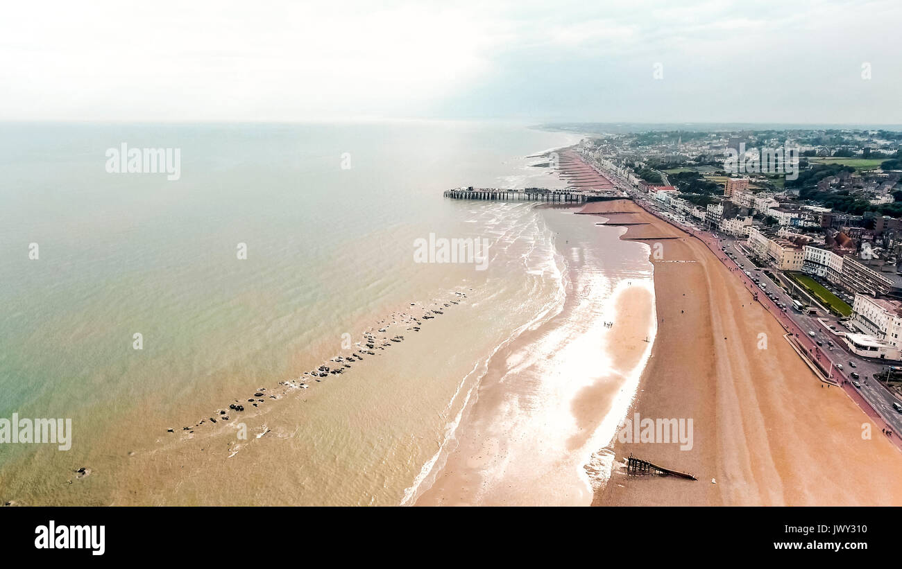Hastings Beach and Pier Seaside Coast feat. Sea and City Town Aerial View Photo at East Sussex, England UK Stock Photo