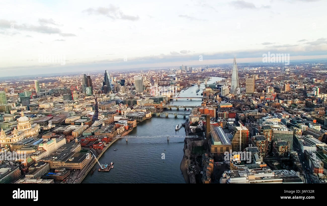 Aerial View of the Iconic Landmarks around River Thames in London feat. City of London Famous Skyscrapers and St Paul's Cathedral Financial District Stock Photo