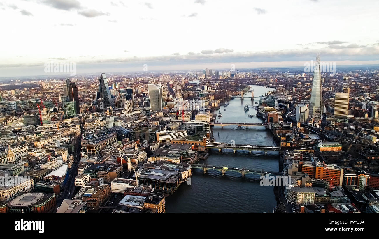 Aerial View Image Photo of the City of London Financial District Skyline feat. The Shard Building, Bridges, Famous Skyscrapers Landmarks in England UK Stock Photo