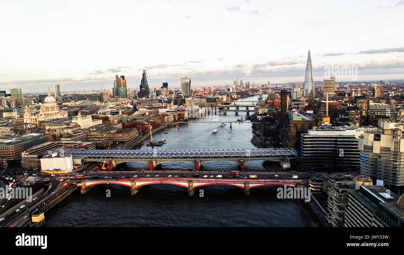 Aerial View of Financial District and Landmarks in Central London Skyline Cityscape feat. River Thames, St Paul's Cathedral, Shard and Bridge Stock Photo
