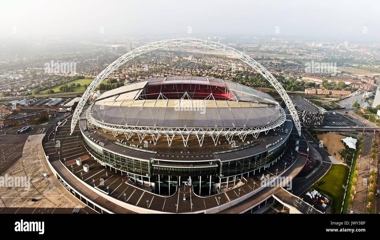Aerial View Image Photo of Wembley Stadium, Soccer Arena Flying By Drone Shot in London Stock Photo